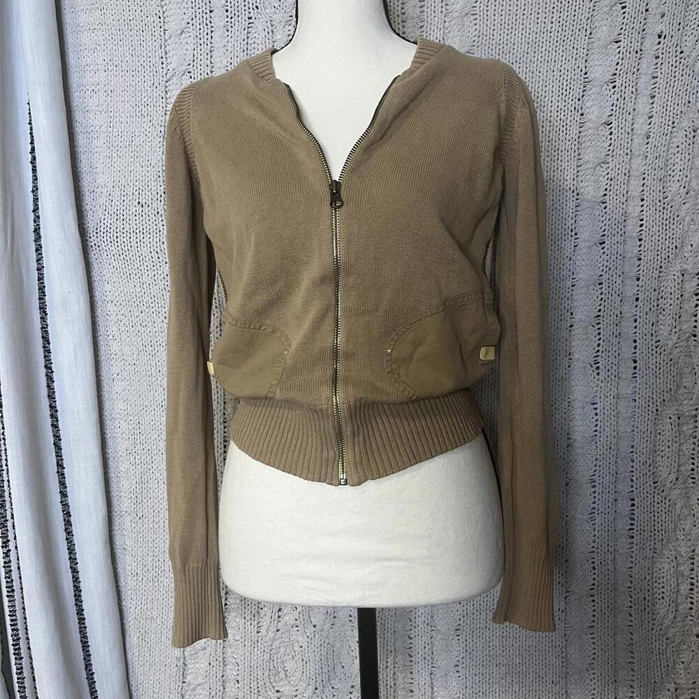 2000s Gap brown zip up sweater with stripes on side.